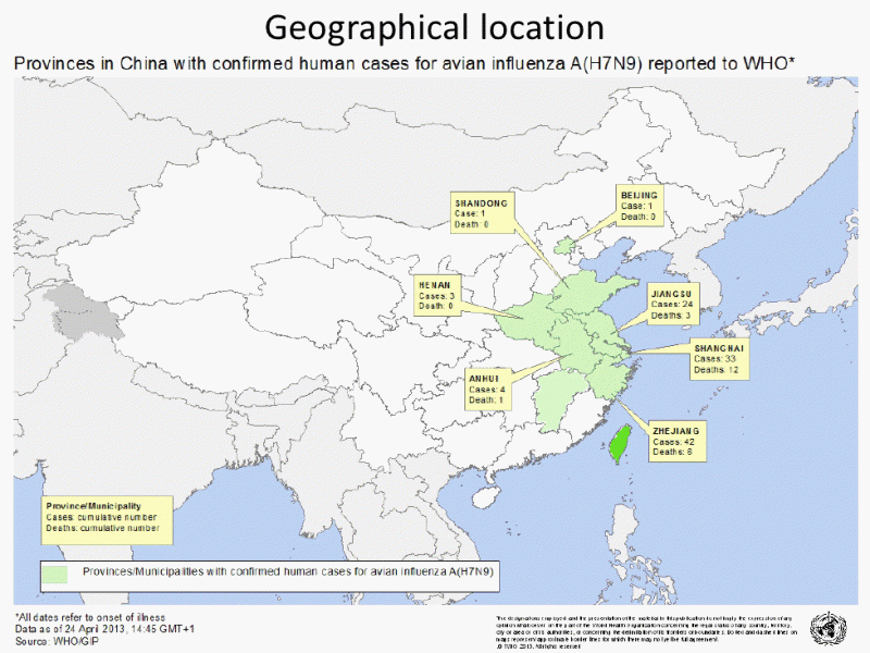 目前H7N9感染狀況。圖片來源：WHO於24日發表的官方圖片，當時僅有中國2市5省感染。爾後又新添中國江西省，以及境外其他國家台灣，由新頭殼暫行更新。   