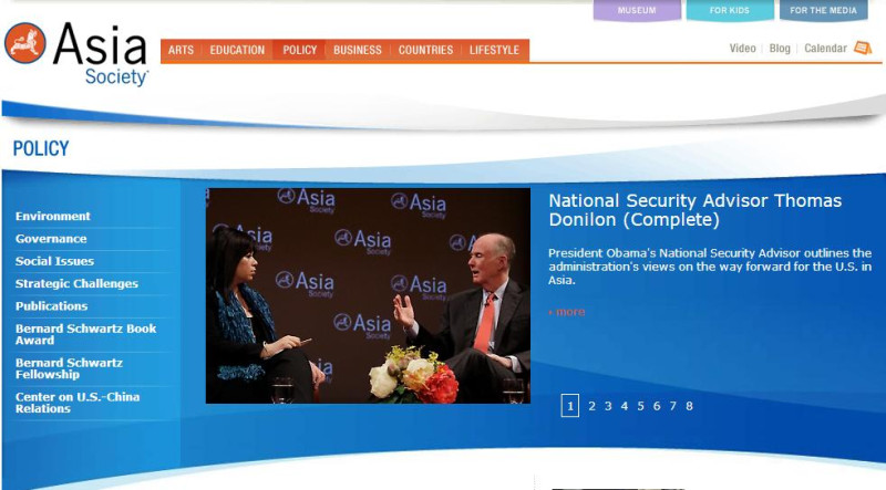 唐尼倫11日在「亞洲協會」(Asia Society)，以「美國與亞太區2013展望」為題發表演說。圖為演說現場圖片。圖片來源：亞洲協會官方網站。   