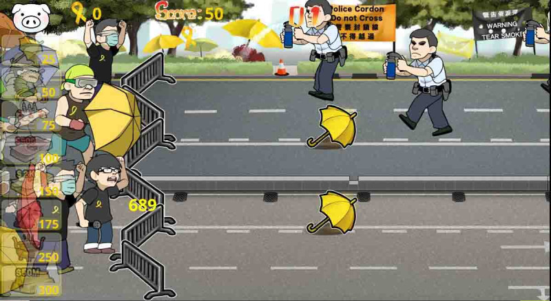 玩家必須不斷用黃雨傘、香爐、鈔票等道具對抗手持胡椒噴霧的警察、黑社會人士、穿著野狼裝的香港特首梁振英等。圖：翻攝自「黃雨傘」（Yellow Umbrella）遊戲畫面。   