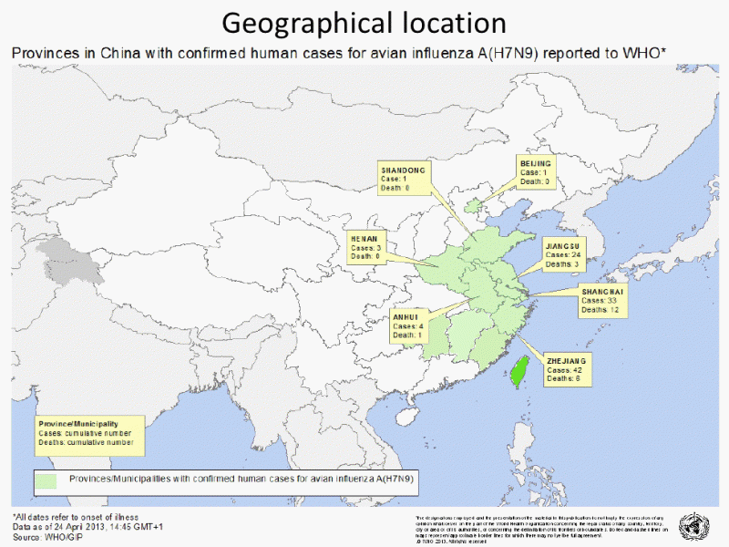 目前H7N9感染狀況。圖片來源：WHO於24日發表的官方圖片，當時僅有中國2市5省感染。爾後又新添中國江西省、福建省、湖南省，以及境外其他國家台灣。WHO預定於5/1更新每週報告，本圖由新頭殼暫行更新感染省分，病例數據則暫未更動。   