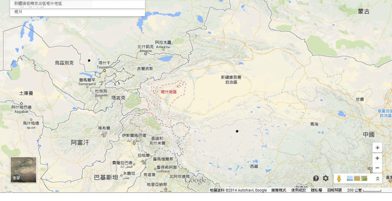 中國西北部新疆維吾爾自治區喀什地區莎車縣28日早上，發生有武裝組織手持刀械，攻擊當地政府機構和警察官署的暴動，造成當地居民數十人死傷。圖為新疆喀什地區。圖片來源：Google Map。   