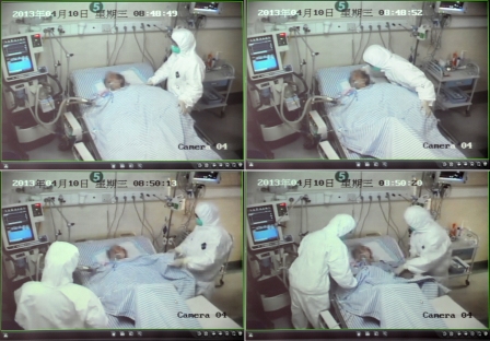 透過醫院監控錄影，可以看見位於浙江省某收容人感染H7N9病患的醫院中，護士正在照顧病人。圖片來源：翻攝自網路。   