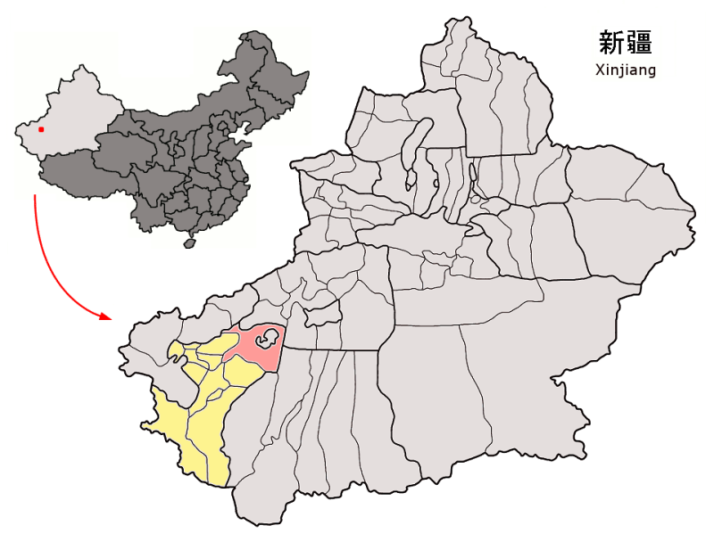 中國新疆維吾爾自治區西南部、喀什地區巴楚縣本(10)月12日發生4名維吾爾族男性持利刃以及爆炸物襲擊當地的農作物市場，造成這4人在內共計22人死亡。圖中粉紅色標示之處，為巴楚縣在新疆的位置。圖片來源：Croquant製，維基共享資源CC授權。   