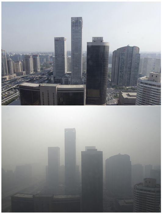 包含北京在內的中國各大都市空氣污染程度嚴重，已經引發社會廣泛的不滿情緒，連代表國家的官方媒體也提出批判。圖為北京市空氣品質較佳時與空氣品質不佳時的比較。圖片來源：達志影像/路透社   