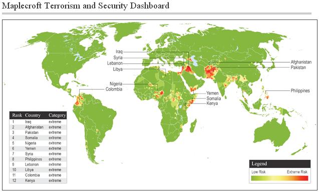 著名風險評估公司梅波克洛夫(Maplecroft)最新報告，將全球12個國家列為恐怖襲擊「極高風險」地區。圖：翻攝自梅波克洛夫官網。   