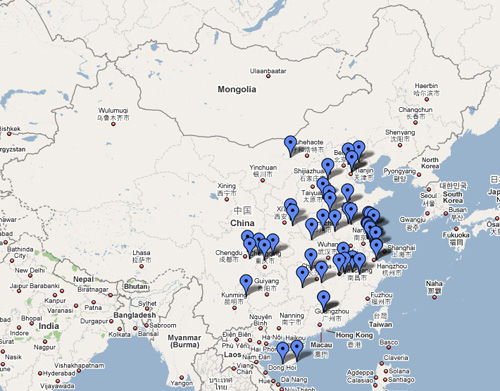 網路上所流傳中國環保公益人士在Google地圖上標記的「癌症村」。圖片來源：翻攝自網路。   