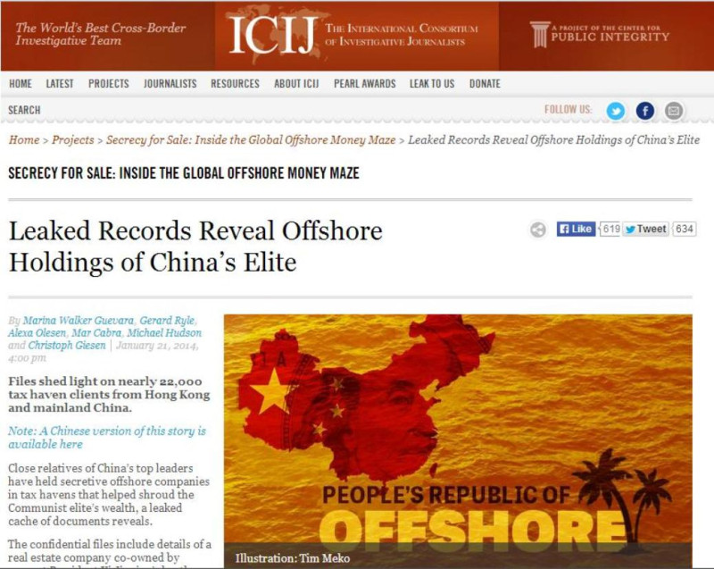 「國際調查記者同盟」21日發布調查資料，披露中國高層的親屬在海外持有秘密資產。圖：翻攝ICIJ官網。   