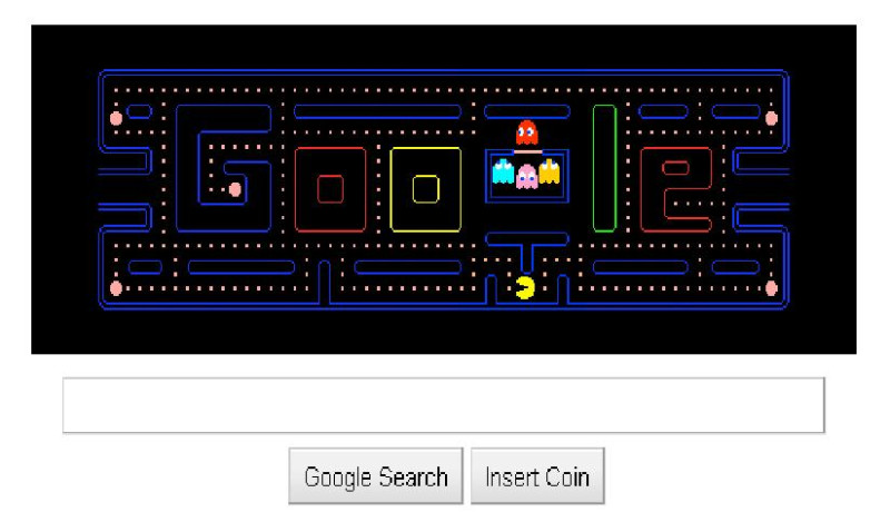為慶祝電玩小精靈Pac-man誕生30週年，Google公司特別把這個遊戲放在首頁上，供網友上網玩遊戲。圖片來源：翻攝自google首頁。   