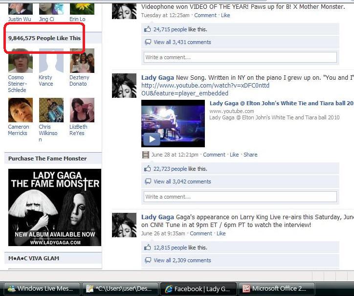 Lady Gaga的臉書頁面，紅色框中標示她的粉絲數已逼近千萬人。圖片來源：自網路翻拍   