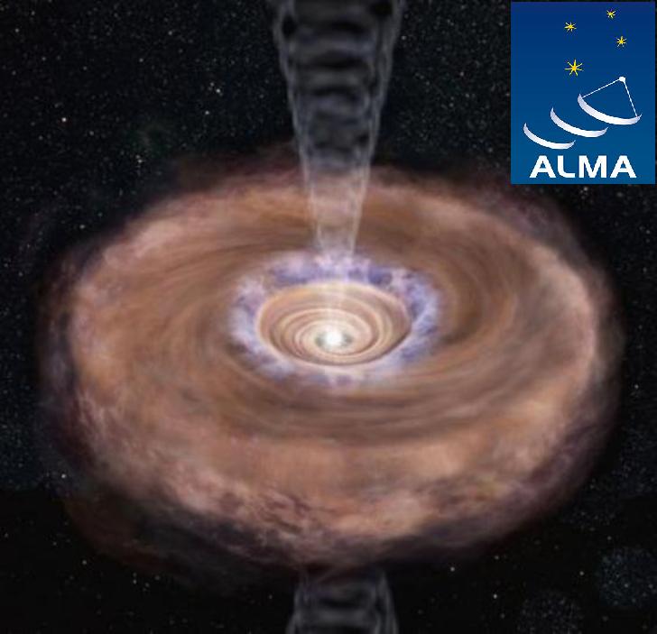 日本東京大學等國際研究團隊使用世界最貴天文望遠鏡阿爾瑪(ALMA)，清楚觀測到正在生成的星體周圍會出現圓盤狀的氣體，而這行星生成重要的氣體，與宇宙空間中的氣體有所不同。圖為想像圖，中心淺咖啡色的部分是星體生成氣體，外面包圍的是宇宙氣體。右上角為ALMA望遠鏡的Logo。圖片來源：東大助教坂井南美提供，Logo部分為新頭殼後製。   