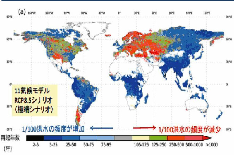 圖片為地球暖化持續演進的洪水頻率預測。亞洲與非洲等藍色地區，顯示洪水次數增加。圖片來源：東大平林研究室提供。   