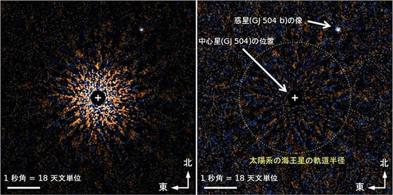 根據昴宿望遠鏡的「自適應光學高對比日冕成像儀」(HiCIAO)，圍繞著太陽型的恆星GJ 504公轉的低質量行星GJ 504 b的紅外線彩色攝影合成圖像。圖片來源：日本國立天文台。   