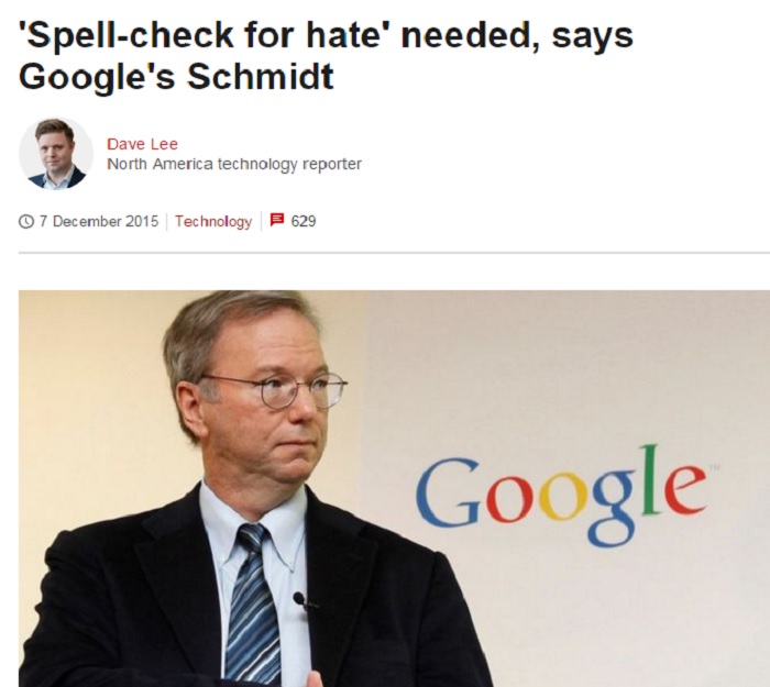 Google執行長施密特(Eric Schmidt)表示，科技公司應該致力於研發工具來反恐，例如創造出仇恨性言論拼字檢查器。圖：翻攝網路   