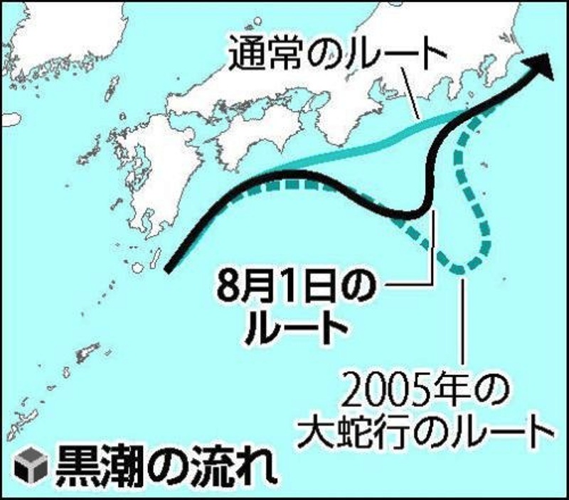 日本氣象廳6日發表，流經日本南岸的黑潮在東海正出現往南偏移的大蛇行。圖片來源：翻攝自網路。   
