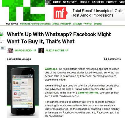 根據國外科技網站TechCrunch報導，臉書擬購併WhatsApp。圖片來源：翻攝網路   
