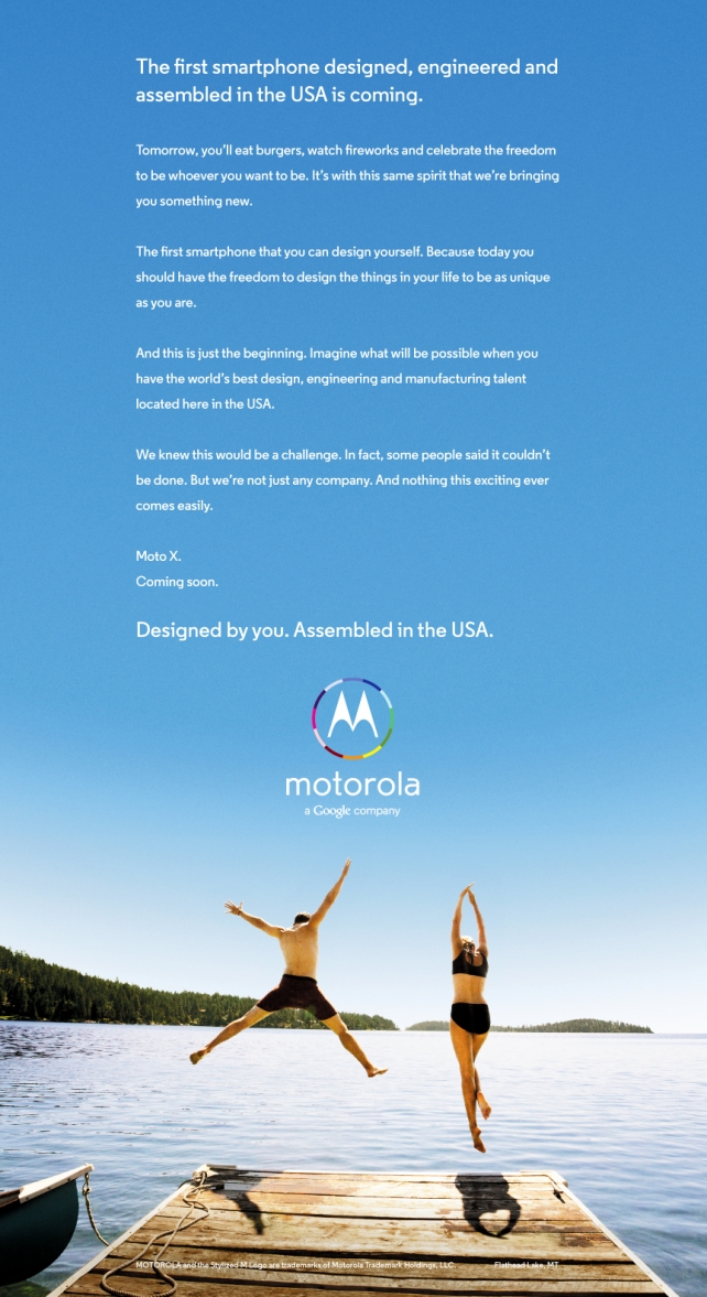 摩托羅拉為Moto X推出的第一支平面廣告，強調「美國組裝，由你設計」。圖：翻攝自網路。   
