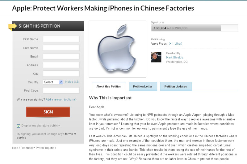 最近網路上有網友發起連署呼籲蘋果做更多努力，確保中國工人能得到更好的待遇。圖片來源：翻設自變革網站   