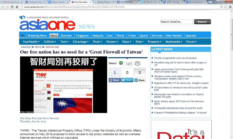 AsiaOne轉載The China Post/Asia News Network報導的畫面。圖片來源：翻攝自網路。   