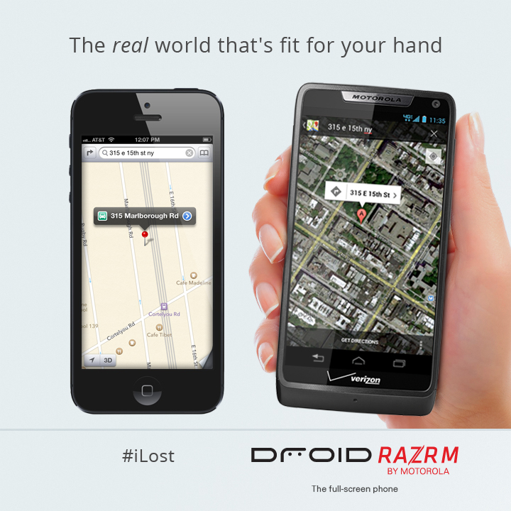 Google旗下的摩托羅拉推出全新廣告，直接稱呼iOS 6內建的地圖功能為「iLost」，暗諷蘋果地圖無法正確幫助用戶找到想要的目標。圖片來源：翻攝自摩托羅拉官網。   