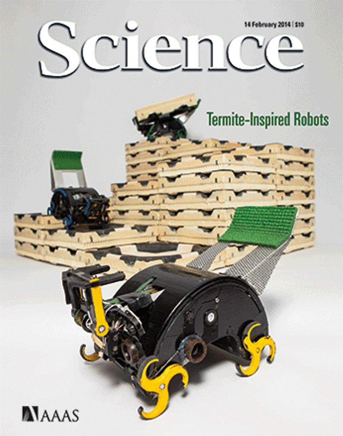 美國科學期刊《科學》(Science)這期的封面為白蟻為原型製作的自律型機器人。圖片來源：《科學》(Science)官方網站。   