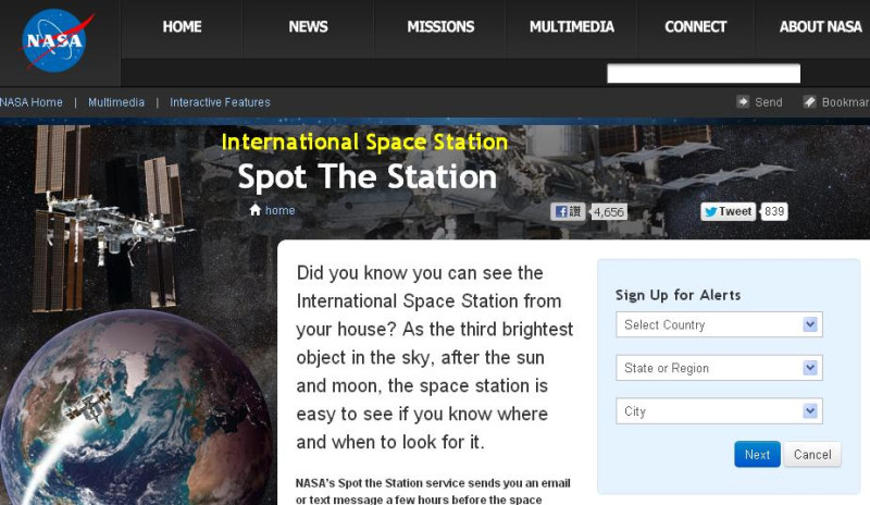 美國國家太空總署（NASA）透過全新開發的網頁程式，全球民眾可以在合適時機，於地面遙望空中航行的國際太空站。圖片來源：翻攝自NASA官網。   