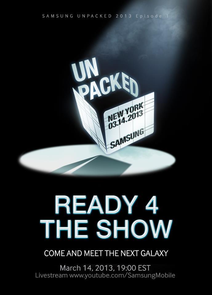 三星向全球各大媒體發送邀請函，上頭的標語為「Ready 4 the show, Come and meet the next galaxy」，並以4代替For，明顯是指這款即將推出的全新Galaxy系列機種，就名為Galaxy S4。圖片來源：翻攝自網路。   