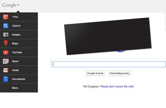 週三凌晨，Google將美國主頁的Logo蓋上一大塊黑膠條，並加上一個連結，請用戶告訴美國國會，「請不要對網路進行審查。」圖片來源：翻攝自網路。   