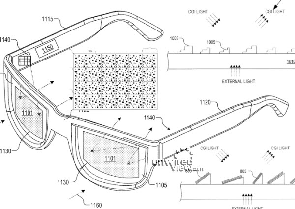 圖片為Google申請的新專利，下一代的Google眼鏡可能就像普通墨鏡一樣。圖片來源：翻攝網路。   