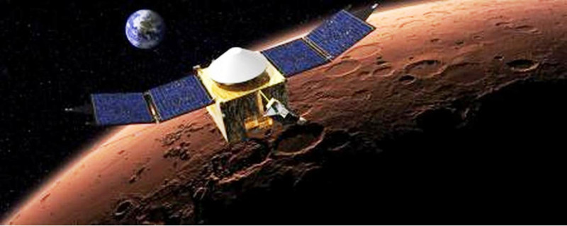 無人探測機「專家號」(Maven)到火星，以探查圍繞火星、非常稀薄的大氣其成分的組成。此圖為NASA提供的想像圖。圖片來源：美國國家航空暨太空總署(NASA)。   