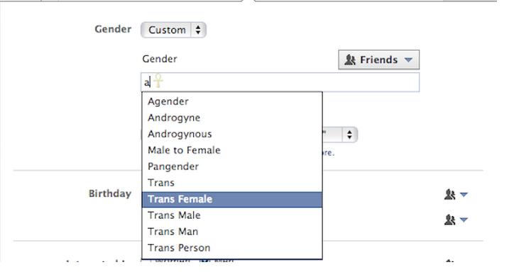 臉書宣布，從今天起開放美式英語（US English）版本的臉書用戶自訂性別選項，性別欄除了「男」、「女」以外，還增加了「變性」、「雙性」、「跨性別」等，多達10個選項供用戶自由選用。圖:翻攝自網路   