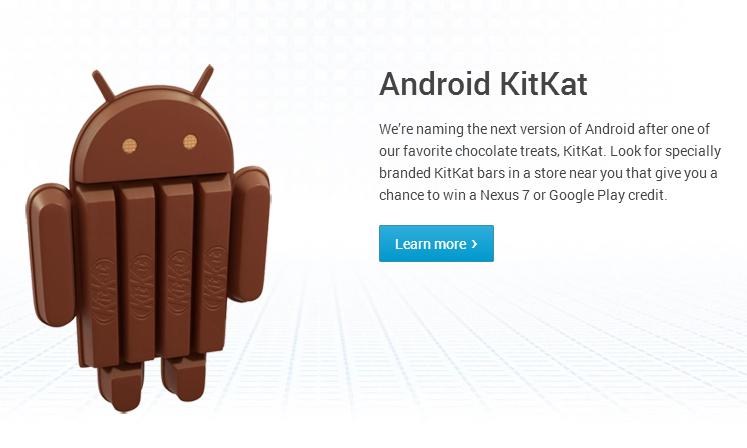 Google資深副總裁Sundar Pichai宣布，將與雀巢（Nestle）公司合作，以「奇巧巧克力棒」（KitKat）作為下一代Android 4.4的代號。圖片來源：翻攝Android官方網站   