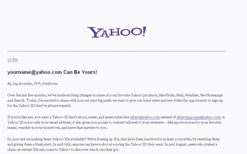 Yahoo平台業務資深副總監羅希特(Jay Rossiter)12日在官方部落格上宣布，今年起將逐步整頓1年以上未登入的閒置帳號。圖片來源：翻攝自網路。   