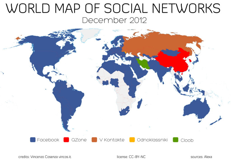 「全球社交網路地圖」顯示Facebook在全球127個國家勝出。圖片來源：Vincenzo Cosenza、Alexa   