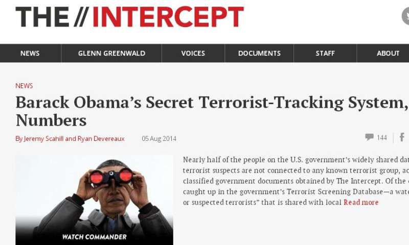 新聞網站「The Intercept」報導，美國政府掌握1份至少68萬遭懷疑與恐怖分子有關聯的名單。圖：翻攝The Intercept網站。   