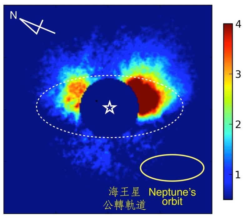 圖片為利用HiCIAO日冕儀，中研院天文所高見道弘團隊在波長1.65微米的近紅外波段取得一張金牛座RY星的偏光強度影像。圖片來源：中央研究院提供。   