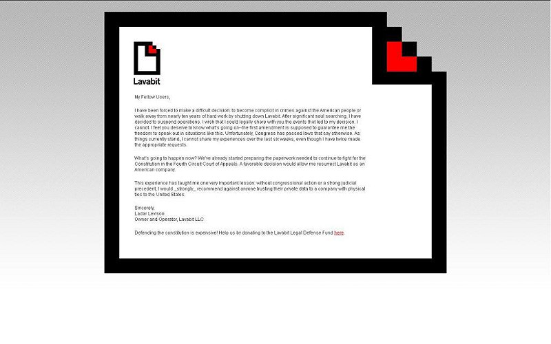 圖為Lavabit創辦人利維森(Ladar Levison)在網站上公告的閉站聲明，稱自己因不願「成為美國政府對抗人民的共犯」而選擇關閉網站。翻攝Lavabit網站。   