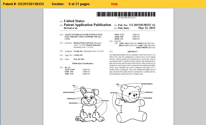 Google申請專利，擬製造外表看起來像泰迪熊的AI管家，據稱透過可愛的形象可以與家中最年輕的成員互動。圖：翻攝自美國專利商標局(US Patent and Trademark Office, USPTO)   
