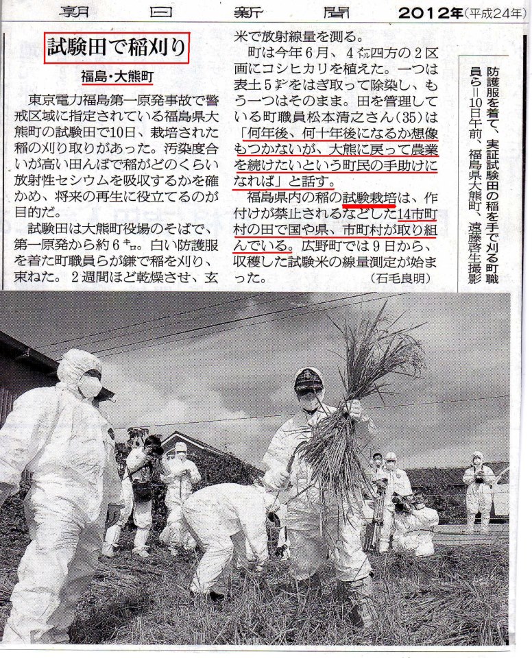 日本媒體報導，東京電力公司在距離福島第一核電廠6公里的大熊町種植試驗田，10日進行稻榖收割，工作人員身穿輻射防護衣收割的畫面被日本網友在臉書瘋狂轉貼。圖片來源：翻攝自臉書   