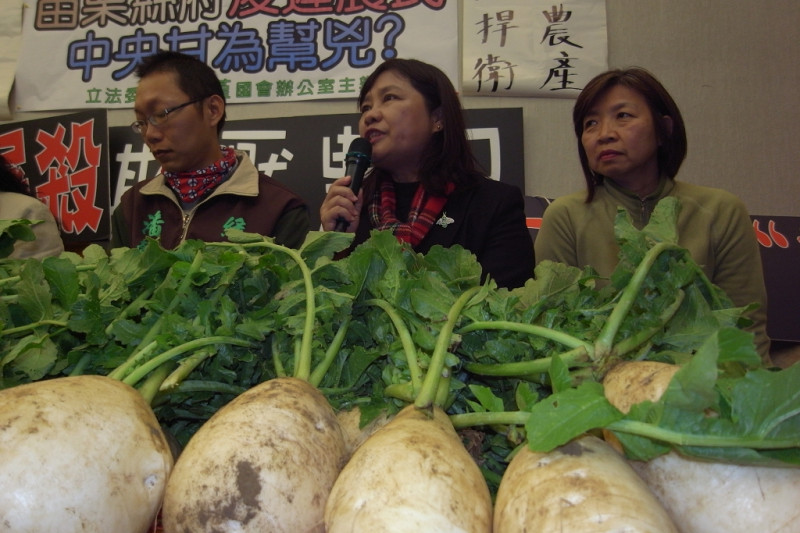 灣寶社區農民今天也帶著當地栽種的青菜、白蘿蔔，以及用白蘿蔔製成的蘿蔔糕、醃蘿蔔等，在記者會現場分給與會人士食用。圖片來源：楊宗興/攝   