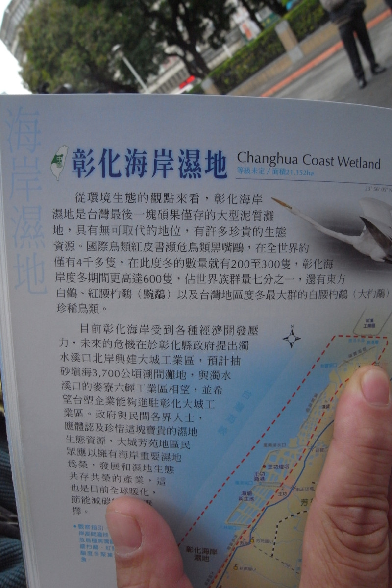 營建署發行的《國家重要濕地導覽手冊》上頭寫著：「彰化海岸溼地（大城溼地）是台灣最後一塊碩果僅存的大型泥質灘地，具有無可取代的地位，有許多珍貴的生態資源。」讓環保團體看來甚為諷刺。圖片來源：楊宗興/攝   