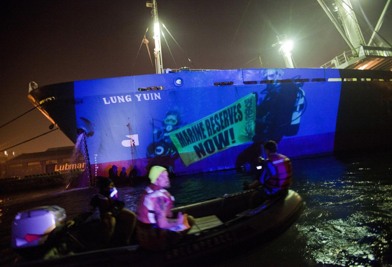 綠色和平行動成員在高雄港灣對涉嫌非法運作運搬船「隆運號」投射影像，並在海上舉起「漁業署：立即調查隆運號」布條抗議。圖片來源：綠色和平組織   
