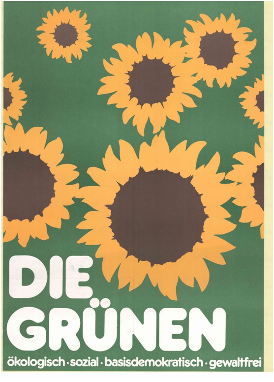 「生態、社會正義、草根民主、非暴力」，是德國綠黨在1980年代前後創黨的四大主張， 也是德國當時公民運動的主要訴求。圖：德國綠黨提供   