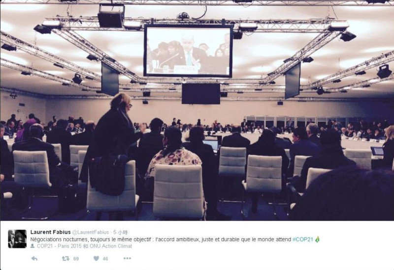 法國外交部長法比尤斯表示，距離各國達成氣候變遷協議，已「極近終點線」。圖：翻攝自法比尤斯推特。   