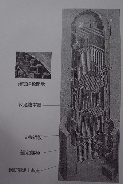 台電表示，斷裂的螺栓直徑3吋（7.62公分），長度26吋（66公分），用來將鋼製的反應爐壓力槽固定在水泥基座上，雖然有7支發生斷裂，但不會影響核電廠的安全。圖片來源：台電公司提供   