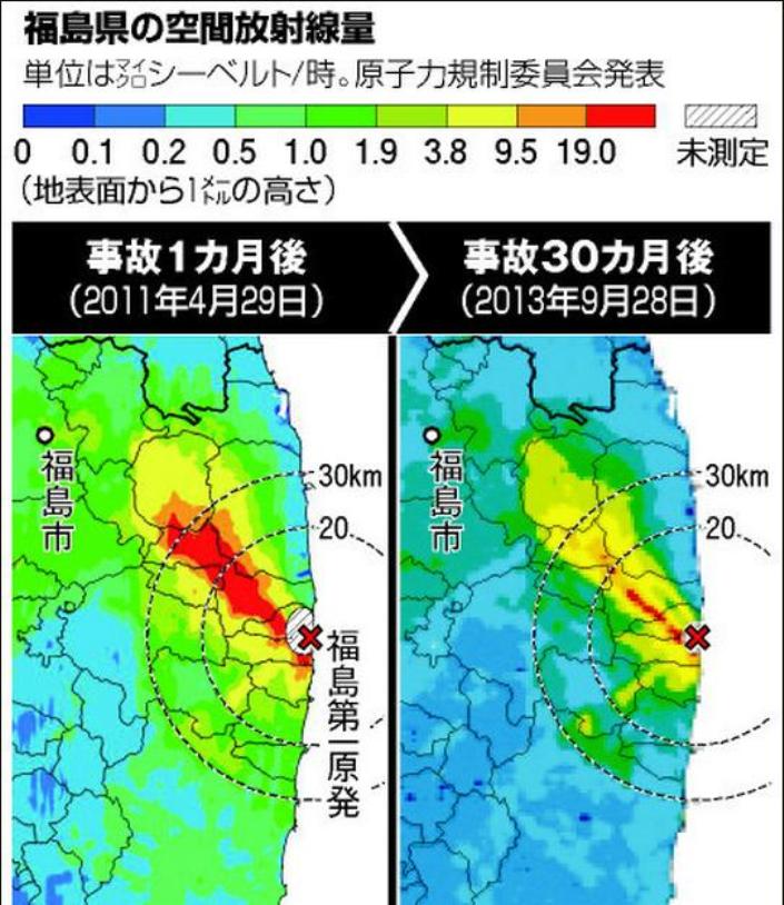日本原子能規範管制委員會25日公布在經過2年半(30個月)後今年9月下旬所調查的半徑80公里避難圈內的輻射線量圖。圖片來源：日本原子能規範管制委員會。   