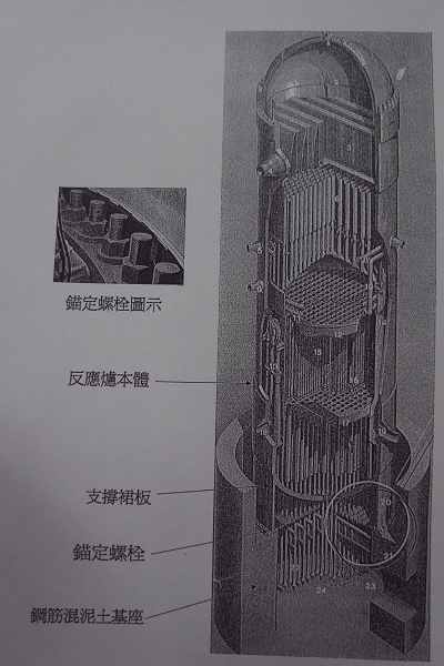 台電表示,這次斷裂的螺栓直徑3吋(7.62公分),長度26吋(66公分),用來將鋼製的反應爐壓力槽固定在水泥基座上,雖然有7支發生斷裂,但即使如此仍不會影響核電廠的安全。圖片來源:台電公司提供