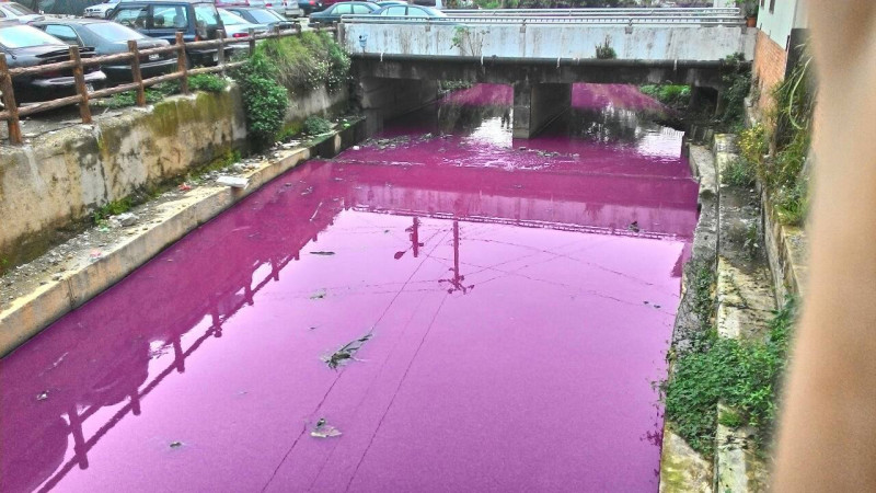 桃園平鎮龍南幹線溪，疑似因上游工廠偷排汙水，整條溪水變成深紫色。圖：翻攝自「我是平鎮人」臉書專頁   