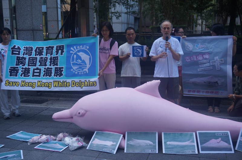 「保育不分國界，搶救香港白海豚」台灣媽祖魚保護聯盟、台灣環境資訊協會等環保團體，今（18）天隔海聲援香港近期發起的「海豚三十」活動。圖：陳芛薇/攝   