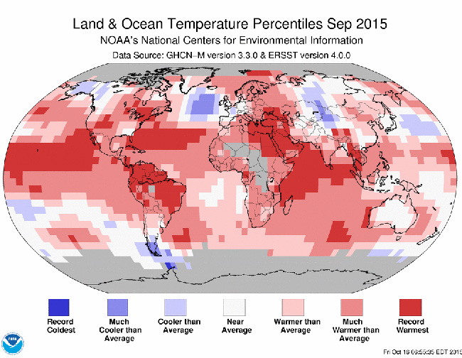美國國家海洋與大氣管理局追蹤全球各地氣溫，發現2015年9月在世界各地頻頻創下最熱紀錄（深紅色方塊區域），是有史以來最熱的9月。圖：翻攝美國國家海洋與大氣管理局   