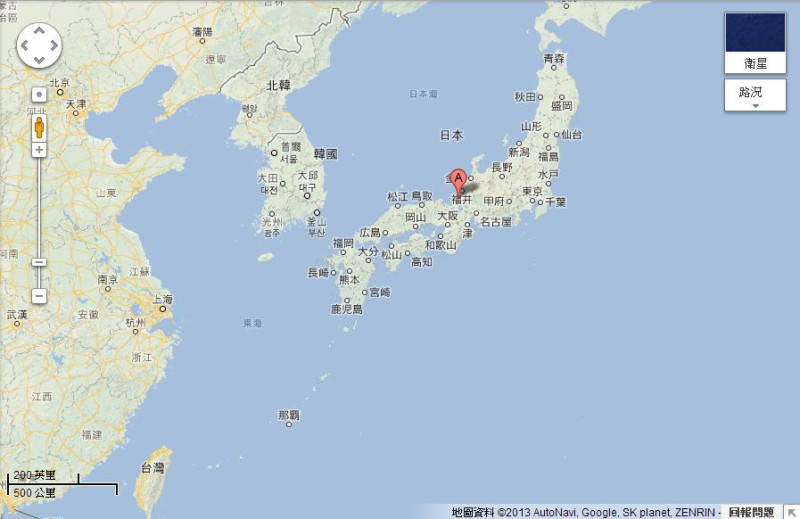 日本敦賀核電廠所在地及與台灣的相對地理位置。圖片來源：Google Map。   